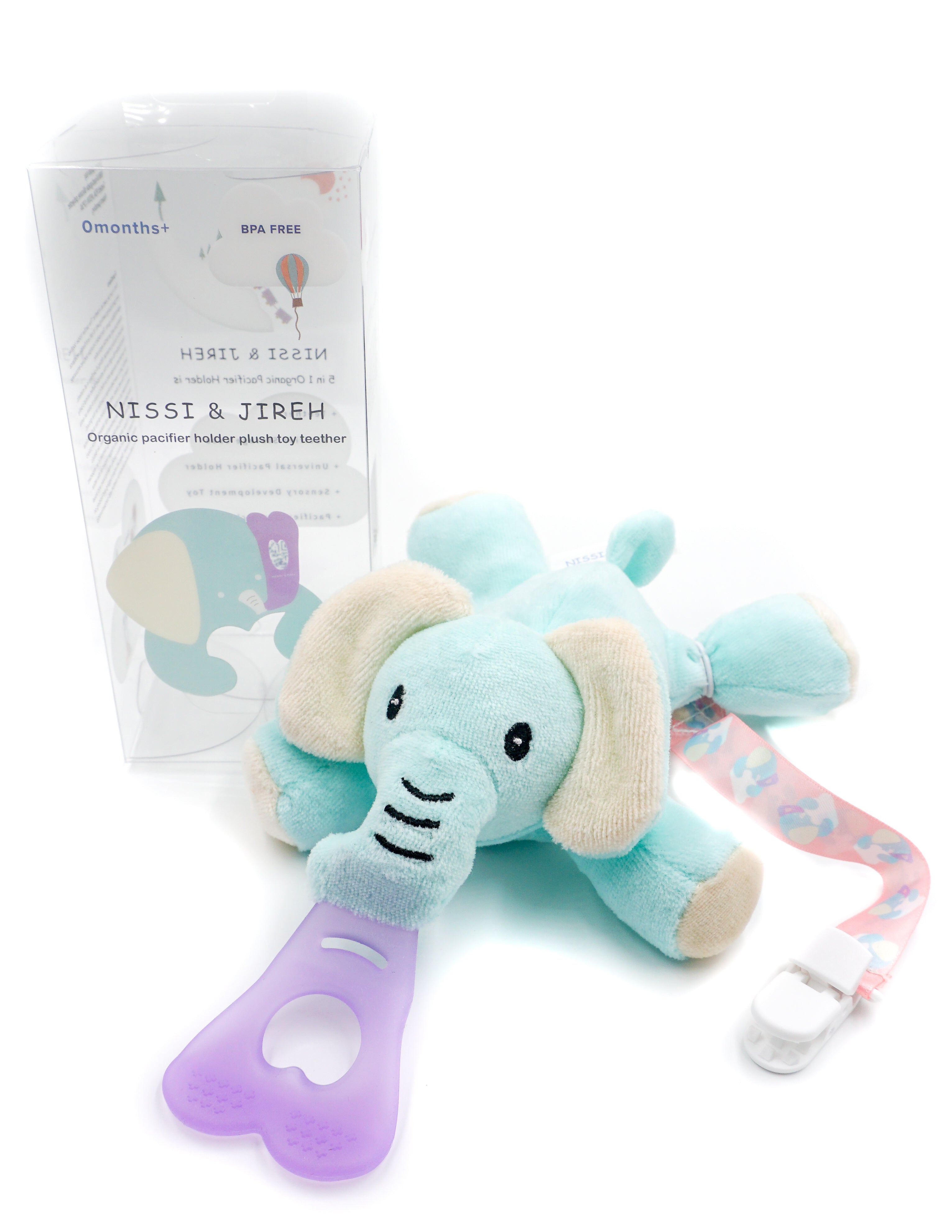 5 in 1 Organic Teething Toy and Detachable Pacifier Holder, Elephant - nissi-jireh