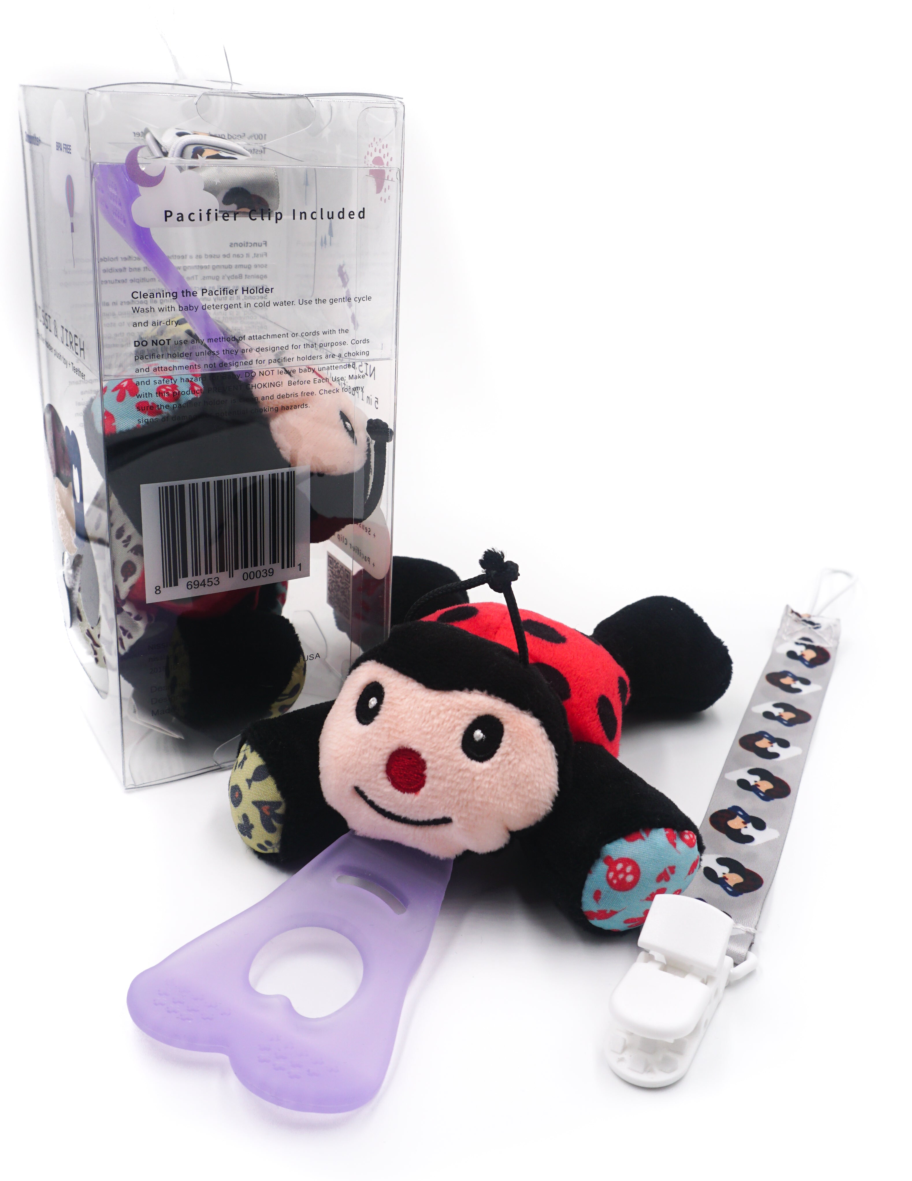 Bug Pacifier 5 In 1 Teething Toy and Detachable Pacifier holder, Lady bug